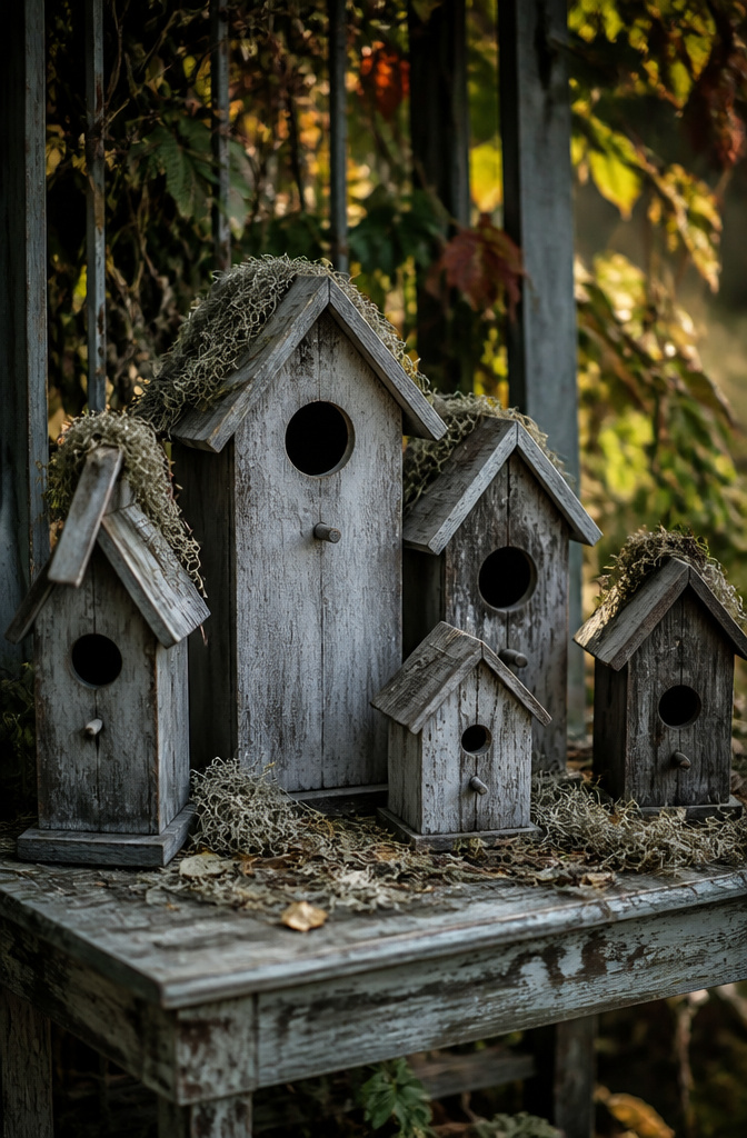 Plywood birdhouses with gray wash paint and various hole sizes.