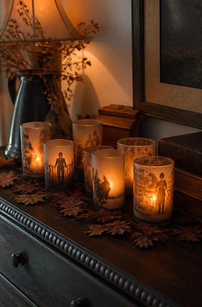 Glass votives with vintage portrait prints, lit by candles inside.