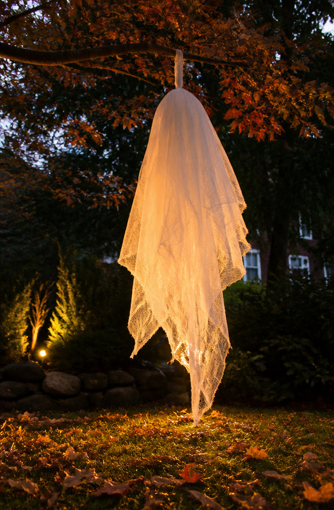 Stiffened cheesecloth ghost suspended in midair.