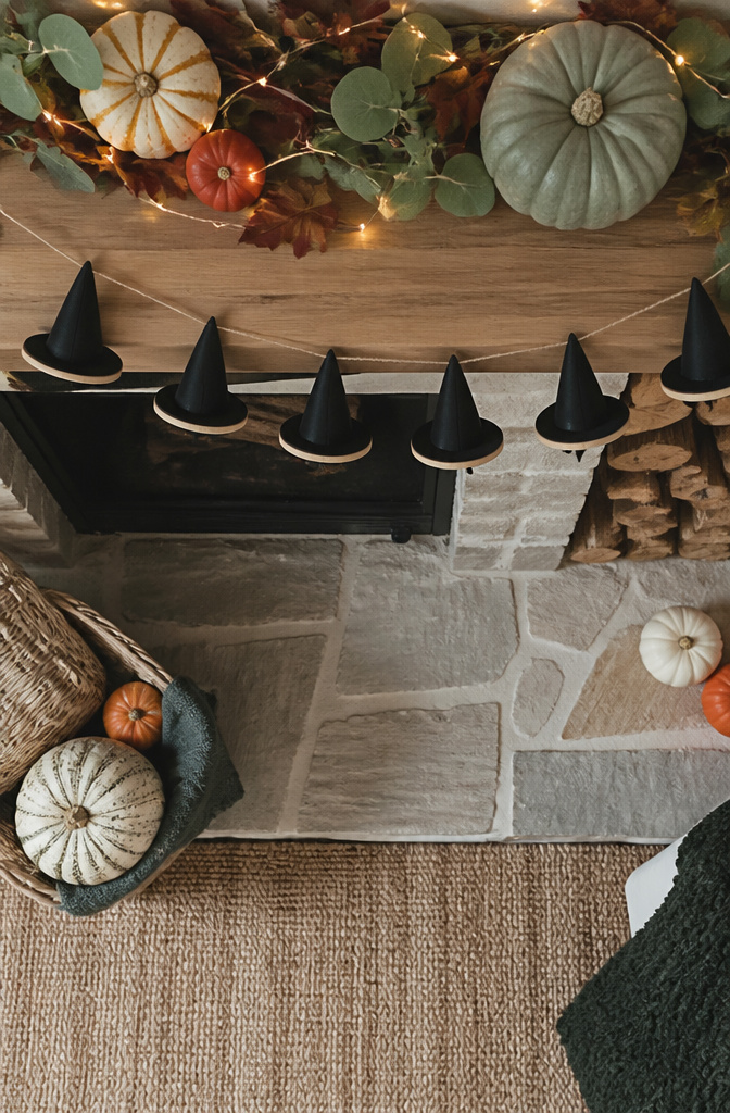 Black foam cones attached to wood circles, creating witch hats.