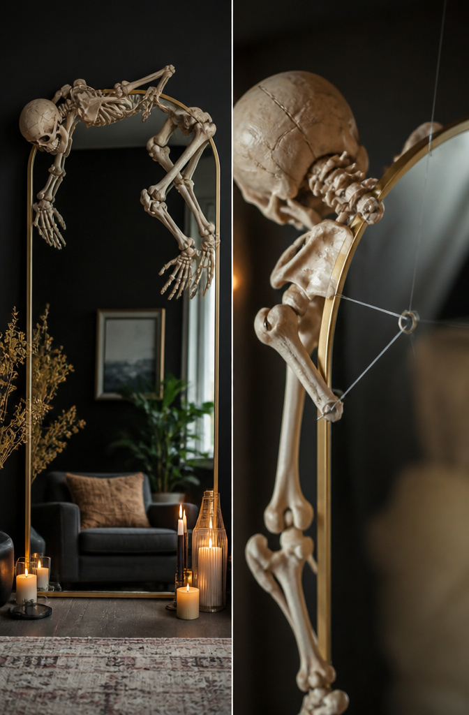 Plastic skeleton positioned around a mirror, appearing to float.