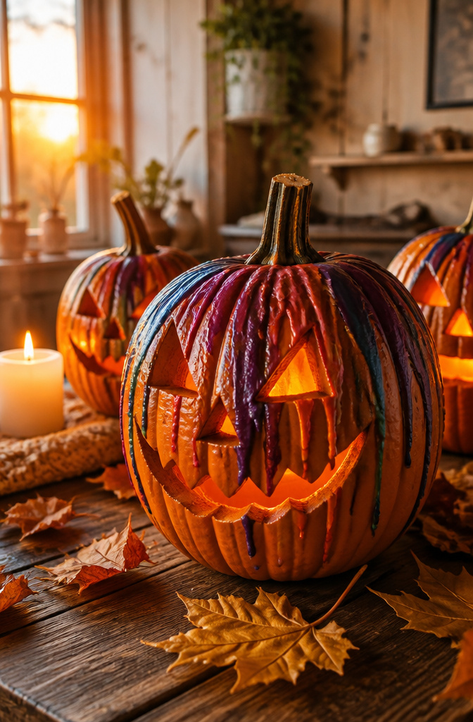 Carved pumpkins with melted crayon drips decorating the surface.