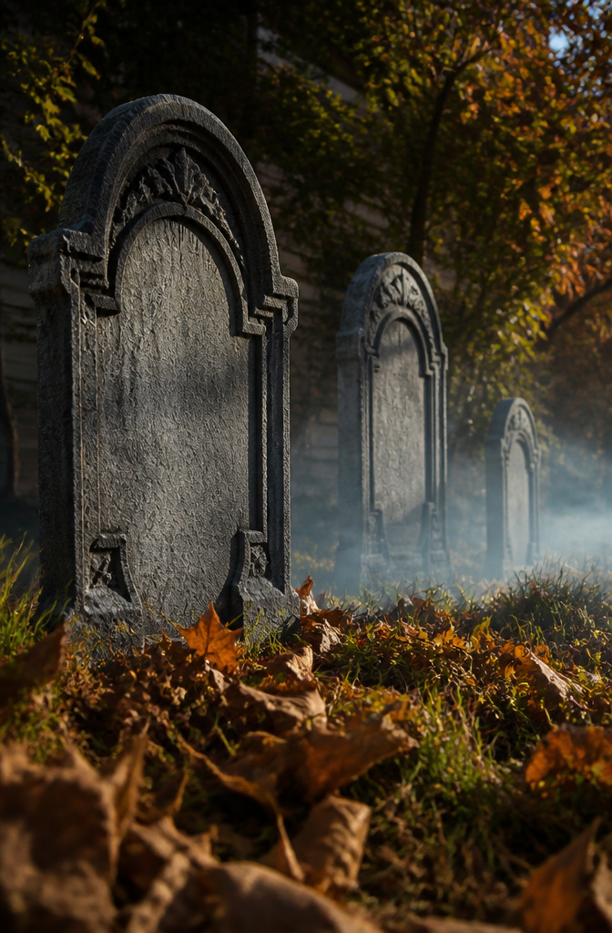 Insulation foam tombstones with carved lettering and weathered appearance.