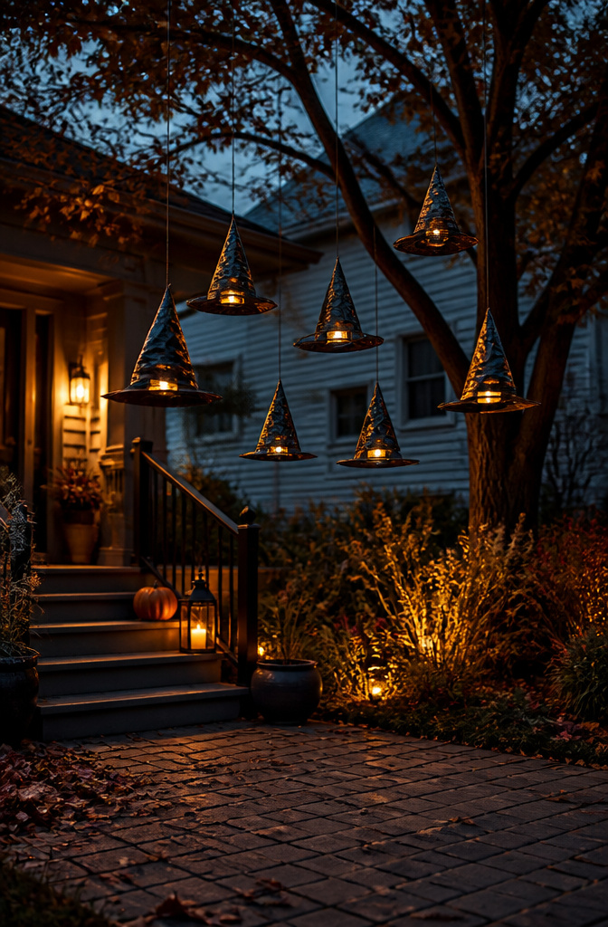 Witch hats with battery puck lights hanging from invisible fishing line.