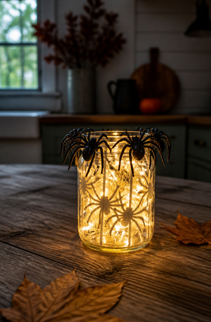 Glass mason jar with battery-operated lights and plastic spider rings.