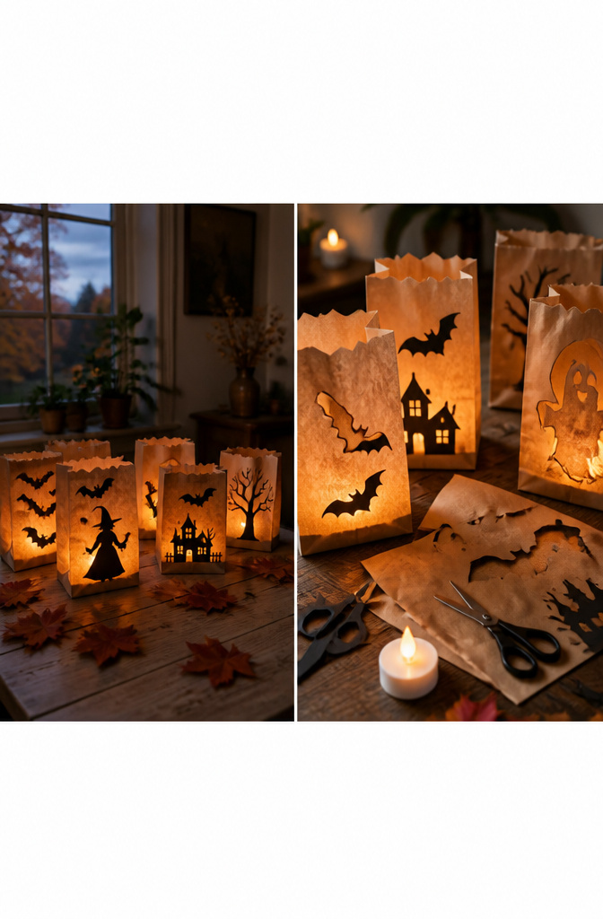 Spooky paper lanterns with cutouts, lit by battery-operated lights.