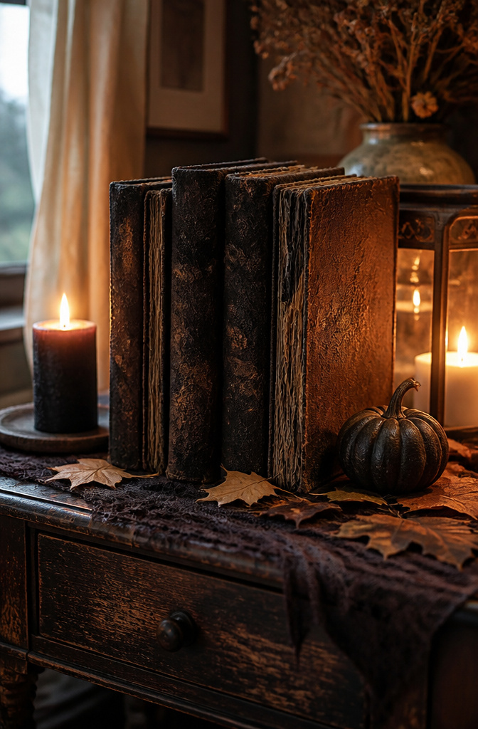 Arranged old hardcovers with dark spines and textured surfaces on a table.