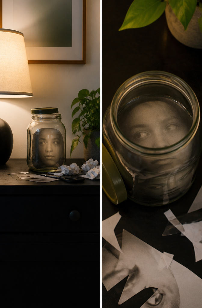 Gallon pickle jar with a face photo inside, appearing to float.