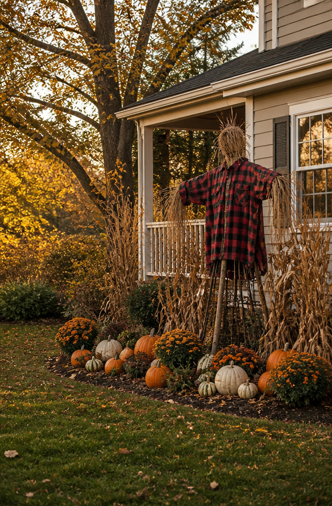 Upside-down tomato cage filled with straw, resembling a scarecrow.