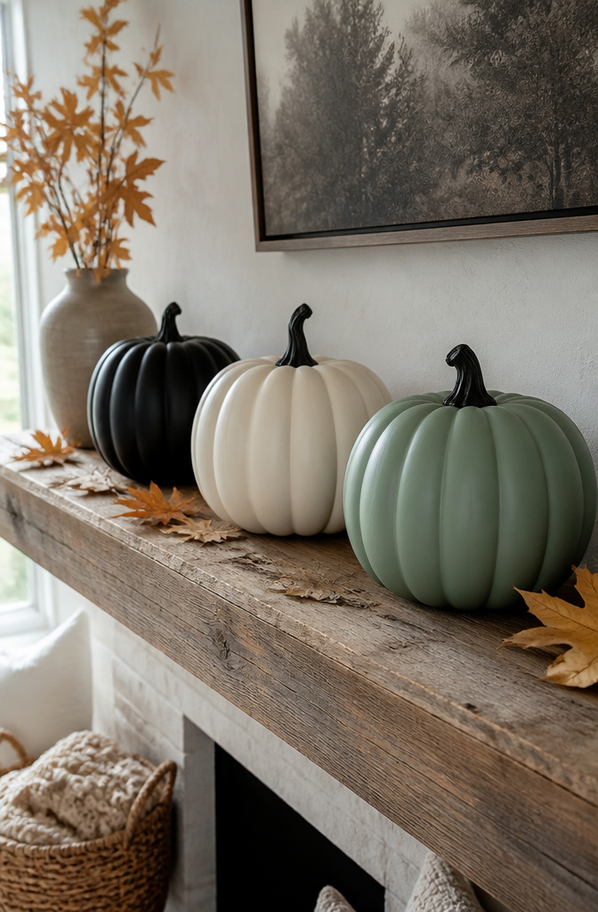 Three painted pumpkins in black, ivory, and muted sage on a mantel.