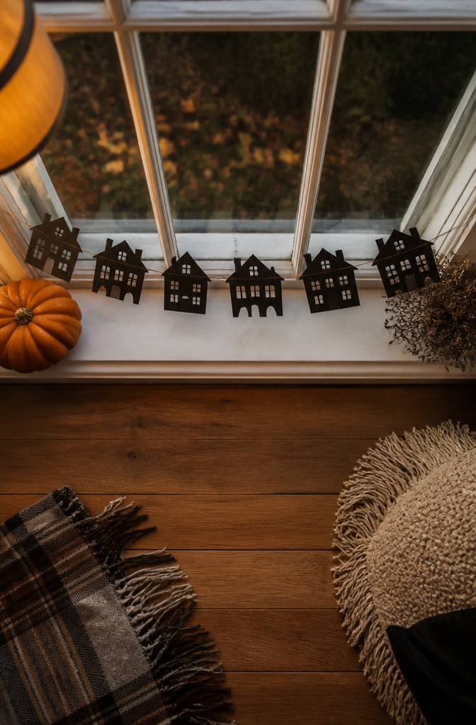 Silhouetted paper houses strung together, hanging from twine.