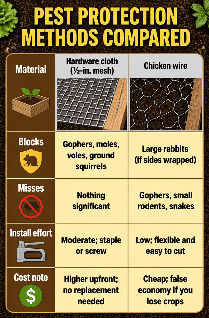 A comparison of pest protection methods for raised garden beds.