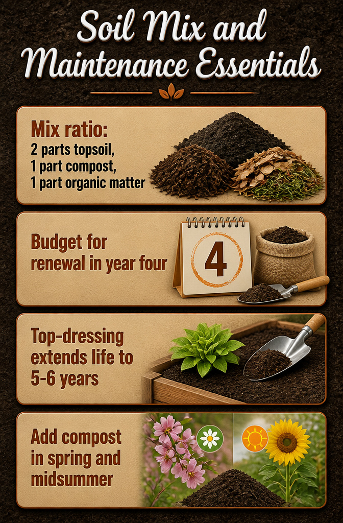 A chart detailing soil mix and maintenance essentials for garden beds.