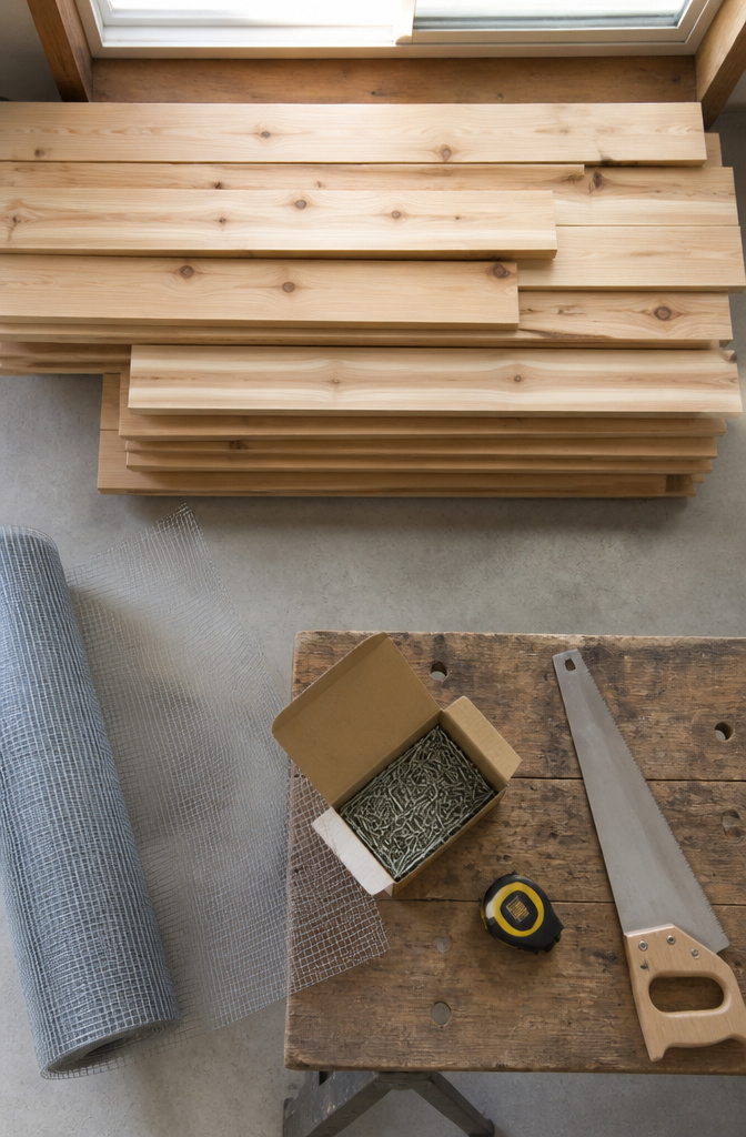 Cedar and pine boards stacked, along with screws for construction.