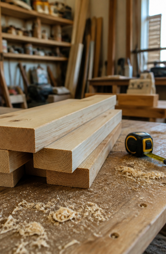 Wood pieces arranged on a worktable, showing dimensions for a garden bed.