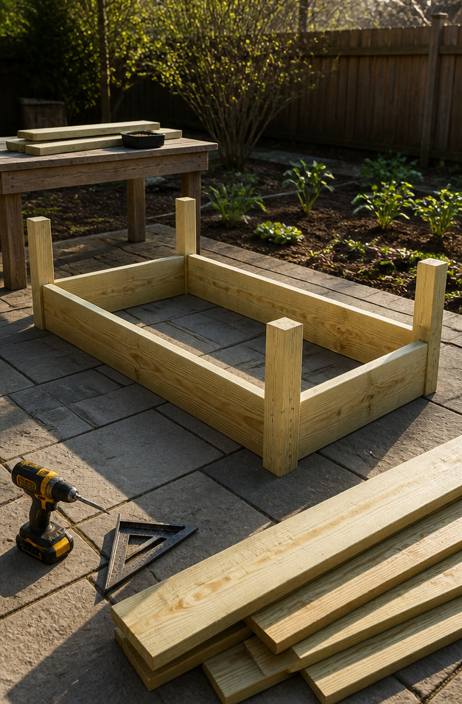 Corner posts and boards laid out for assembling a raised garden bed frame.