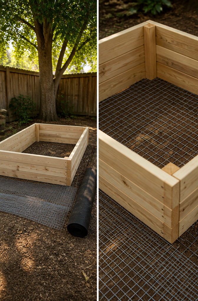 A layer of hardware cloth is shown stapled across the bottom of a garden bed.