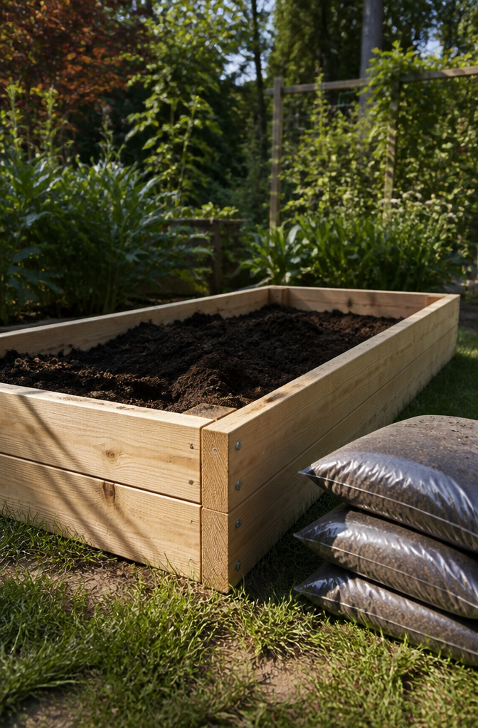 Soil bags stacked near a raised garden bed, ready for filling.