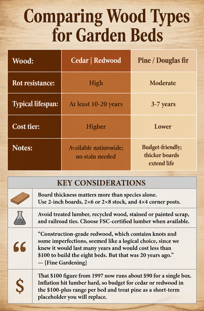 A chart comparing cedar, redwood, and pine for garden bed construction.