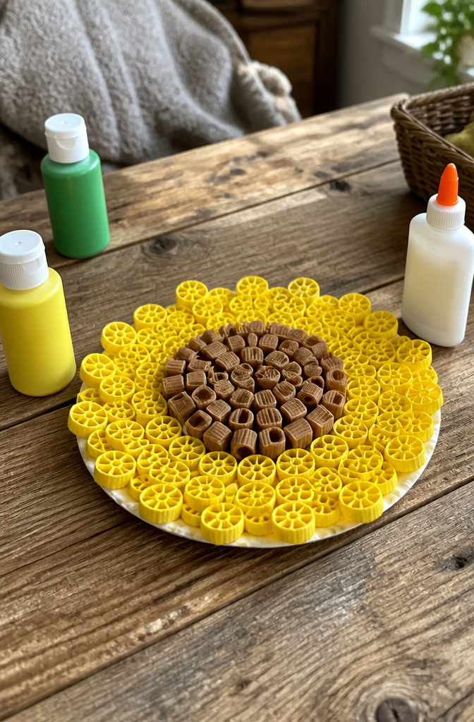 Sunflower craft made from painted pasta on a textured wooden surface.