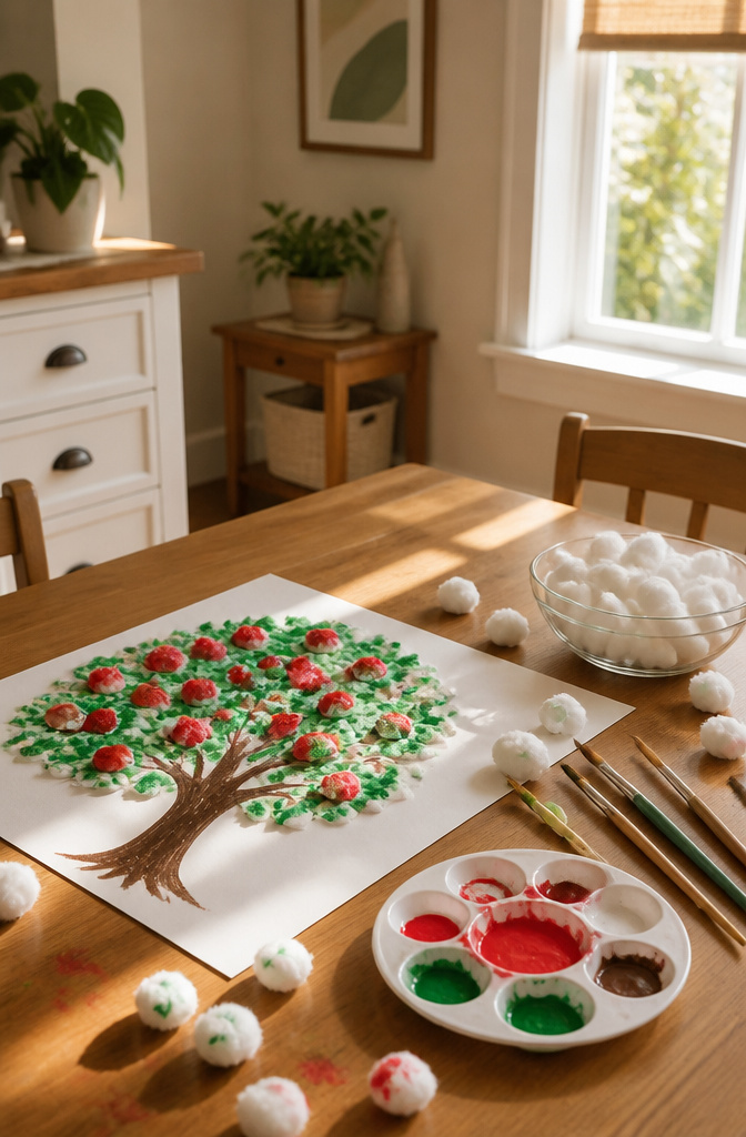 Apple tree painting made with cotton balls and paints on a kitchen table.