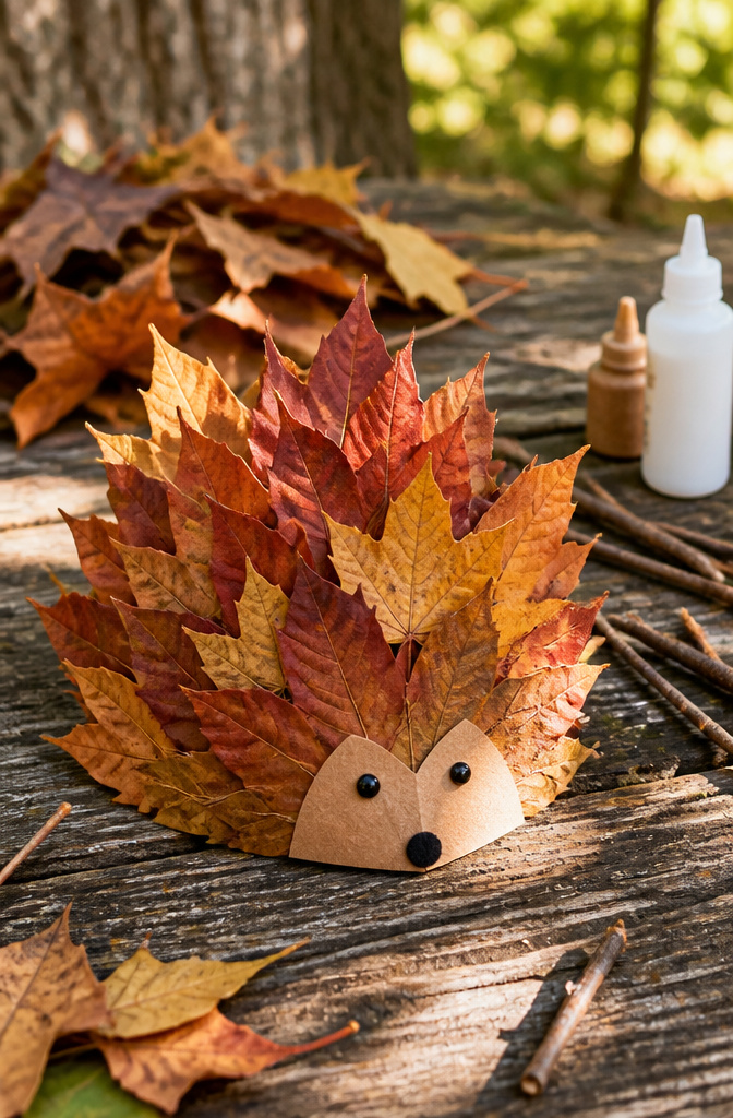 Hedgehog craft created with real leaves glued to paper.