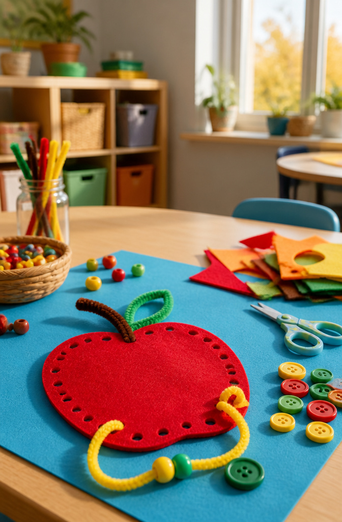 Felt apple cutout with punched holes and threading materials on a table.