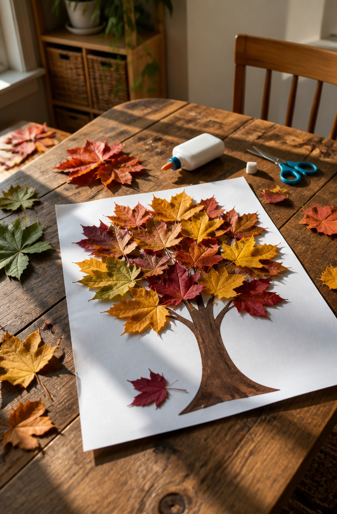 Crafted tree silhouette decorated with real leaves on a rustic table.