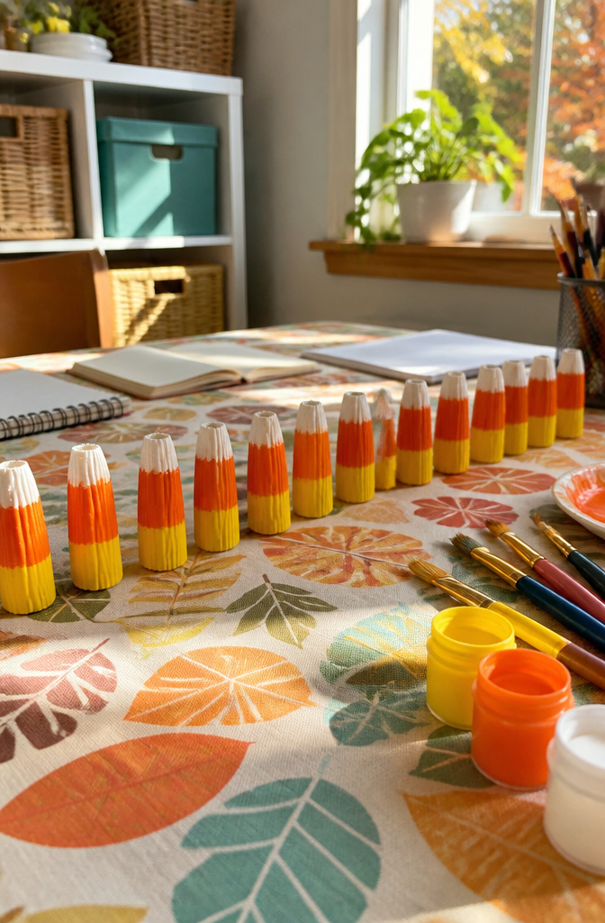 Candy corn crafts made from painted rigatoni noodles on a table.