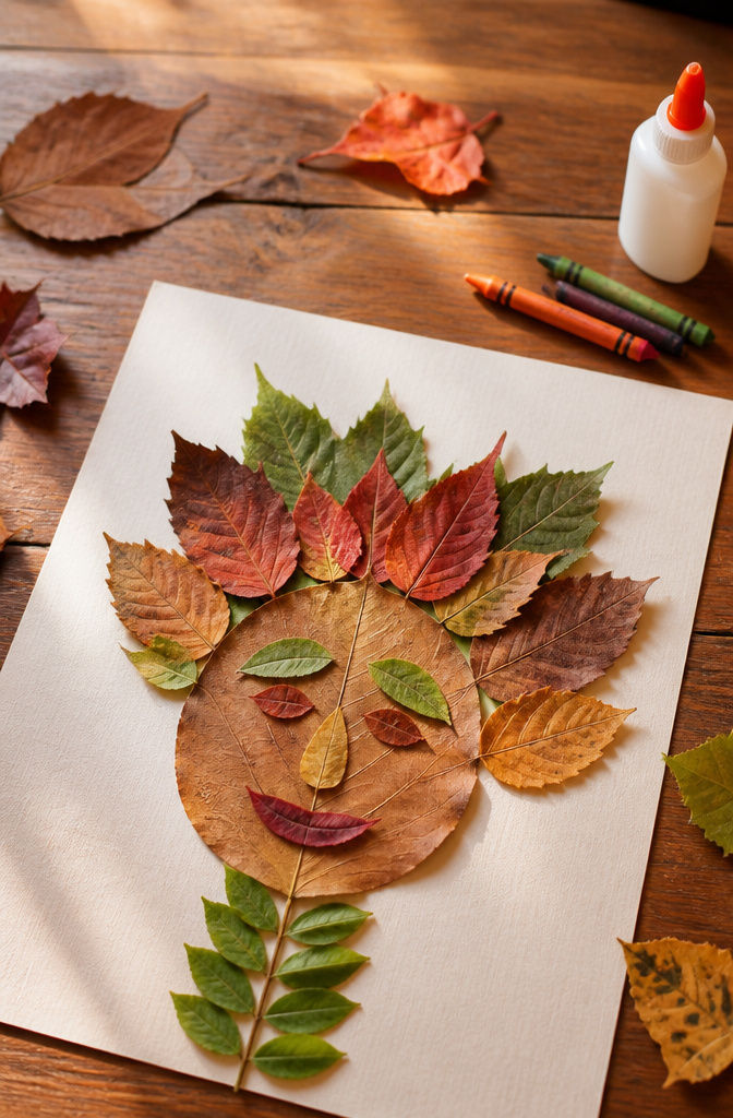 Leaf craft portrait made from various leaves on a table.