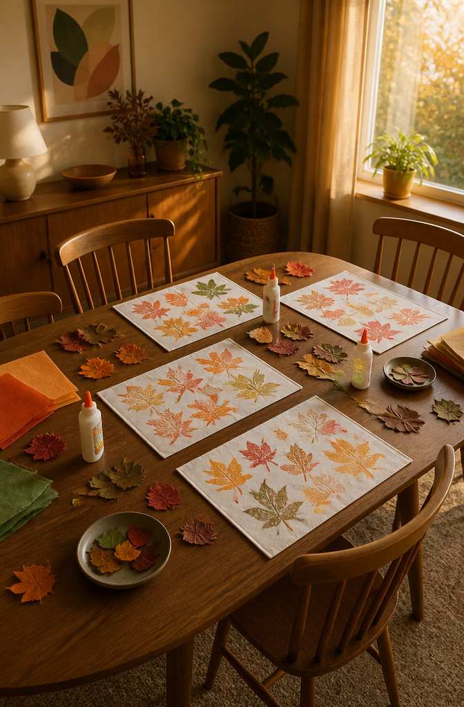 Laminated placemats featuring leaf stamps and tissue paper designs.