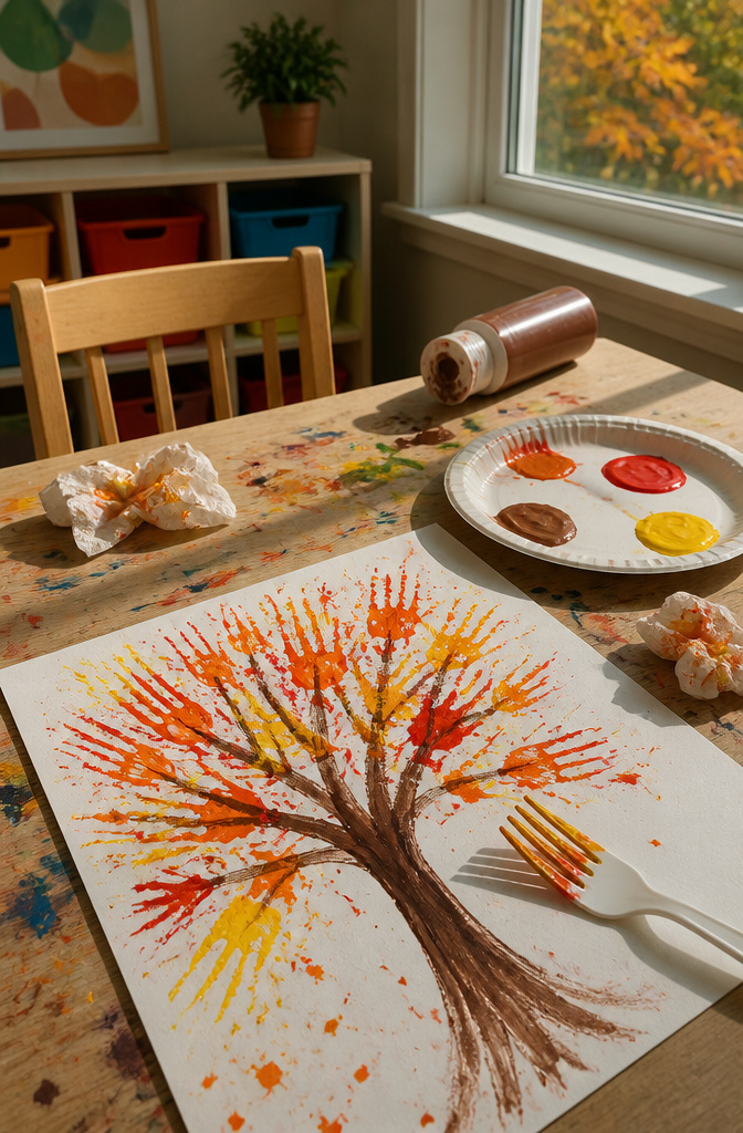 Fork printed tree craft on a table covered in paint splashes.