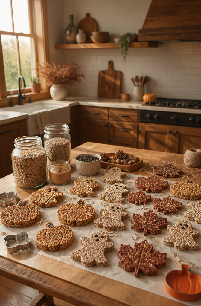 Birdseed feeders shaped like leaves and pumpkins made with gelatin.