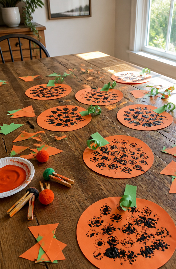 Paper pumpkins featuring letters, crafted with pom-poms and clothespins.