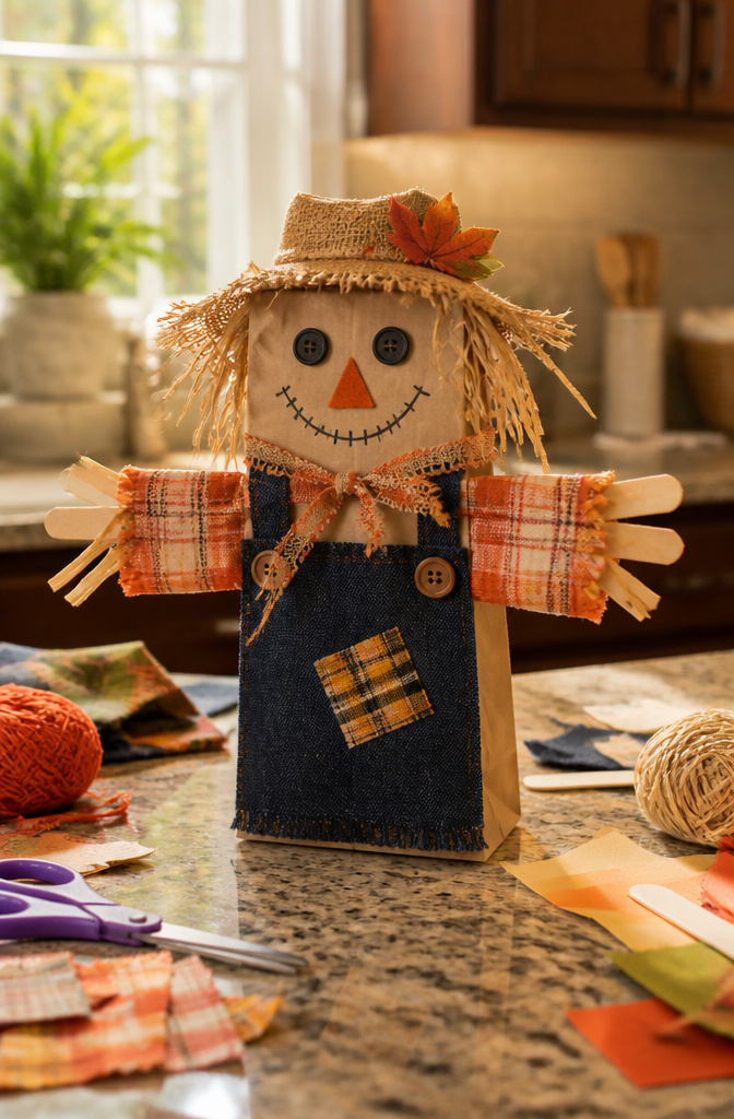Scarecrow made from paper bags, tubes, and fabric scraps on a table.