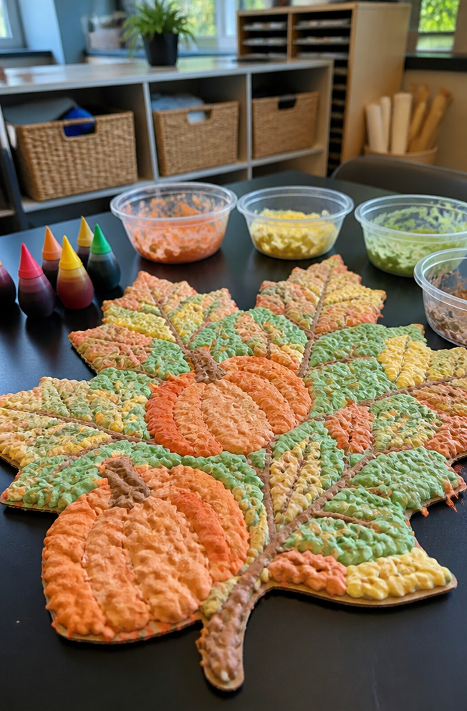 Autumn-themed cutout covered in puffy paint on a cluttered table.