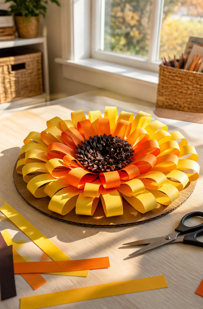 Paper loop sunflower craft made with yellow and orange strips on a table.