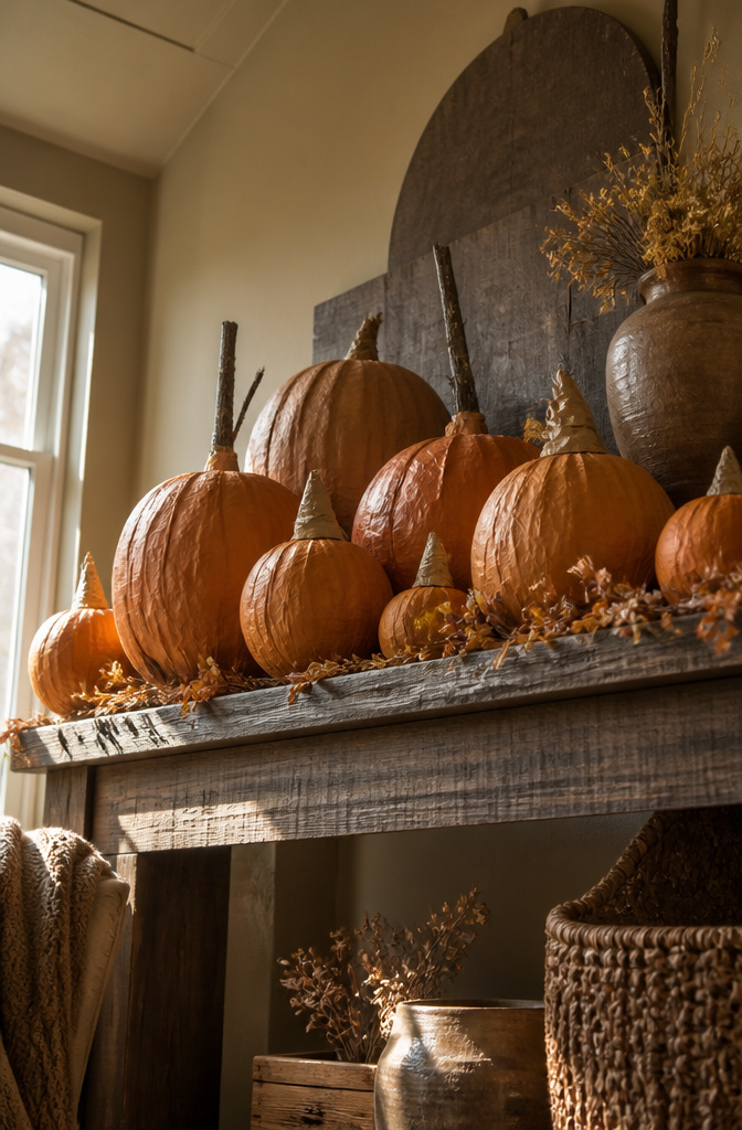 Pumpkins made from paper mache layered over a balloon or bag.