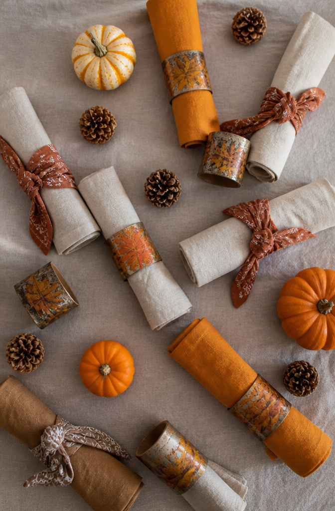 Napkin rings made from tin cans and fabric bandanas for table settings.