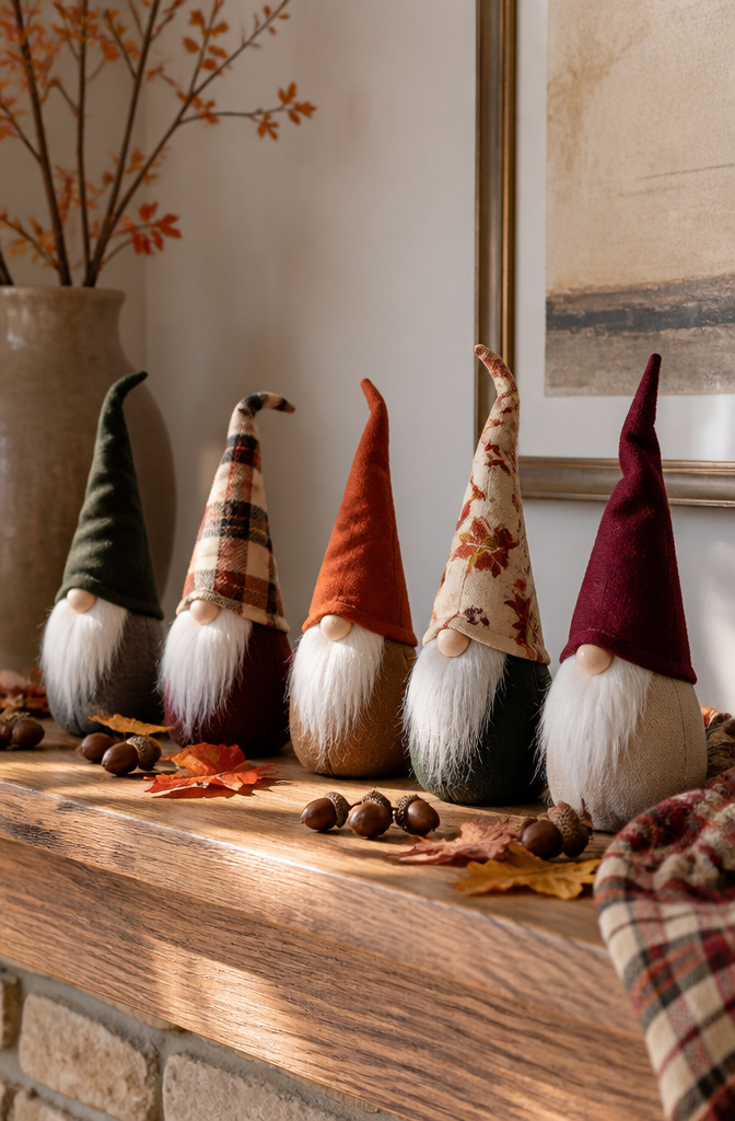Array of DIY gnomes on a mantel, each with a unique fabric hat.