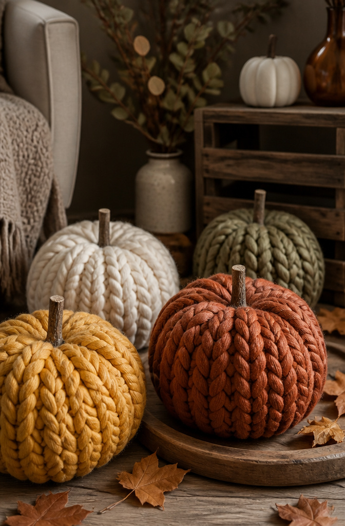 Braided yarn pumpkins arranged in a cozy fall setting.