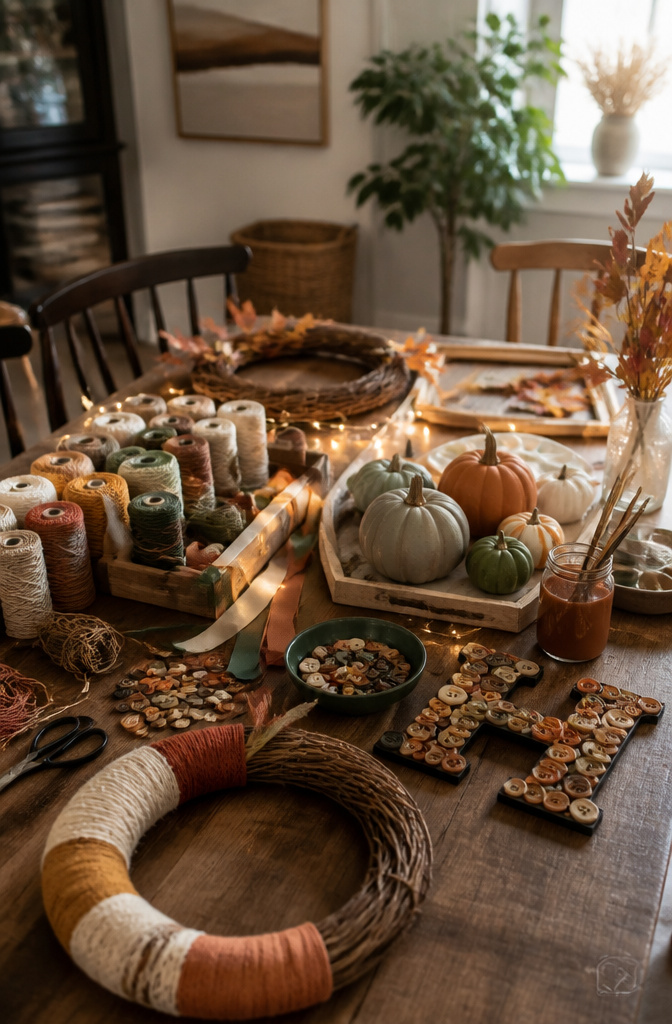 Organized crafting table with yarn, buttons, and fall-themed decorations.