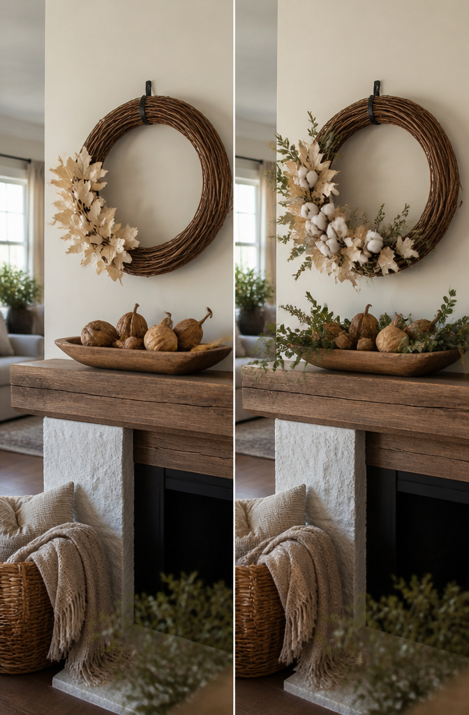 Grapevine wreath with ivory leaves and dried gourds as seasonal decor.