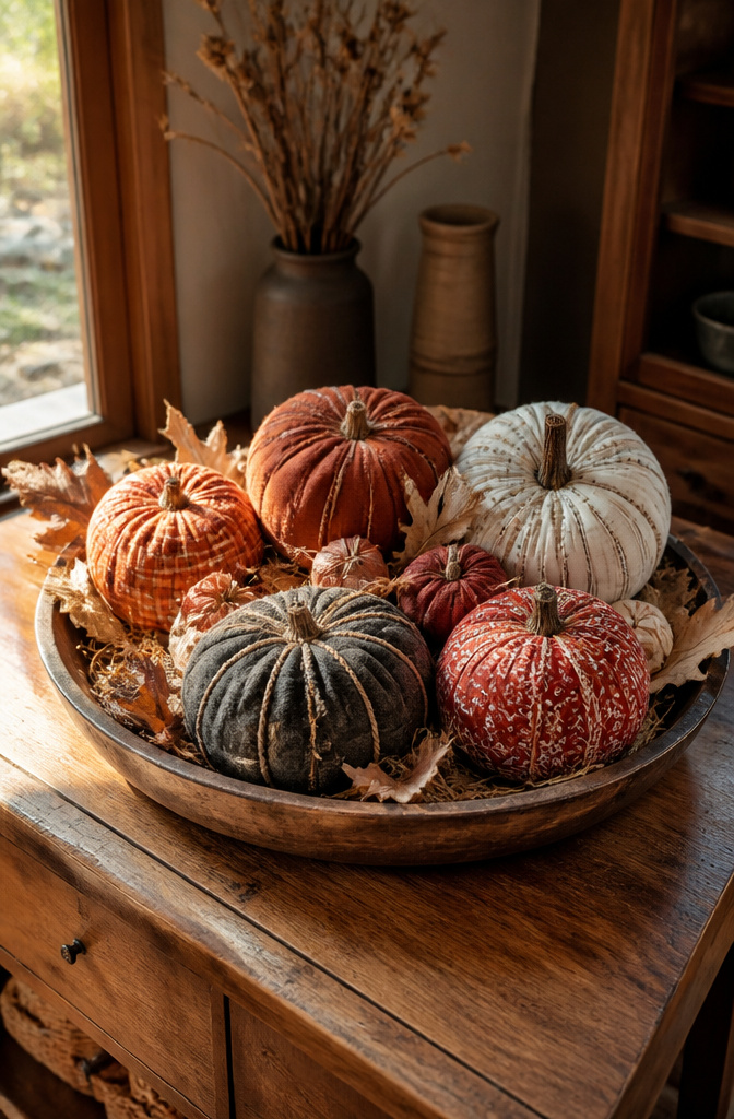 Fabric pumpkins made from flannel, velvet, and bandanas in various colors.