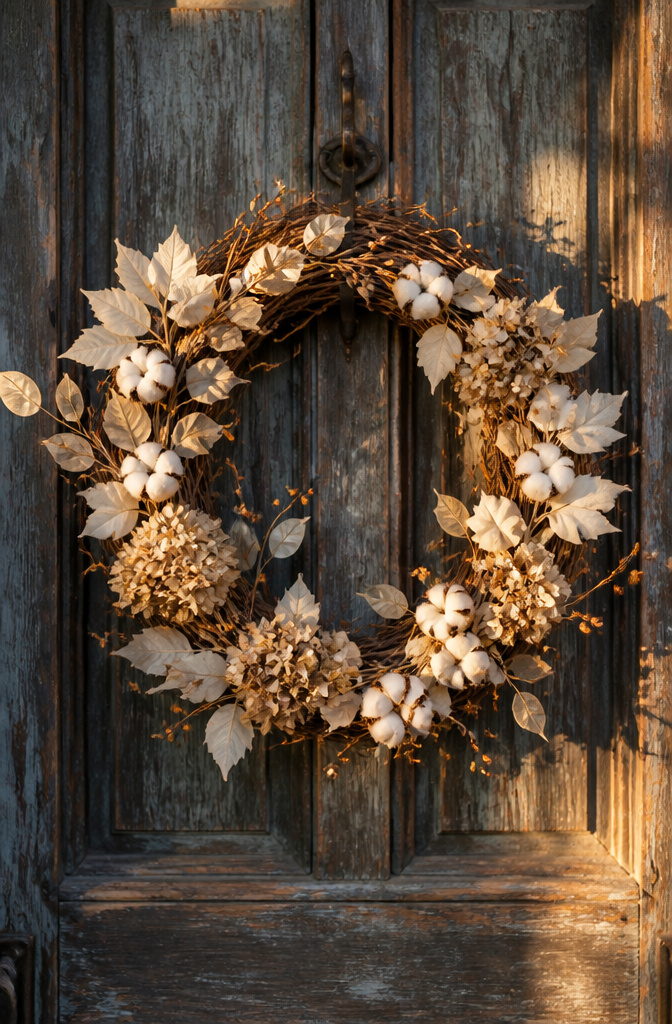 Grapevine wreath adorned with white pumpkins, ivory leaves, and cotton stems.