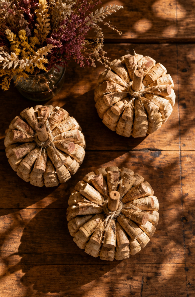 Pumpkins made from wine corks stacked vertically in a decorative arrangement.