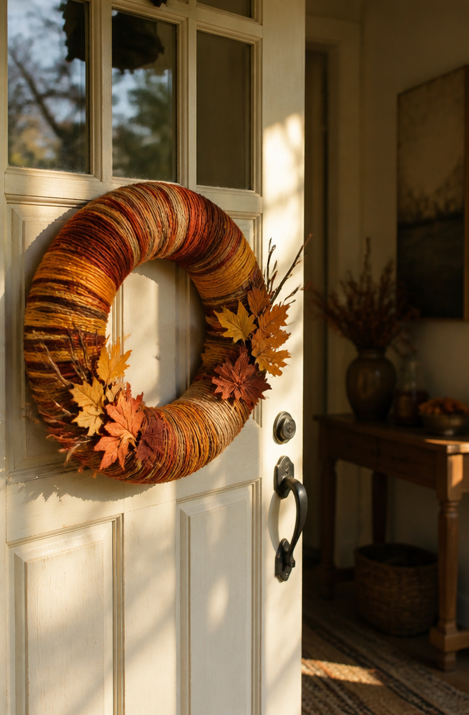 Cozy yarn-wrapped wreath featuring twigs and faux autumn leaves.