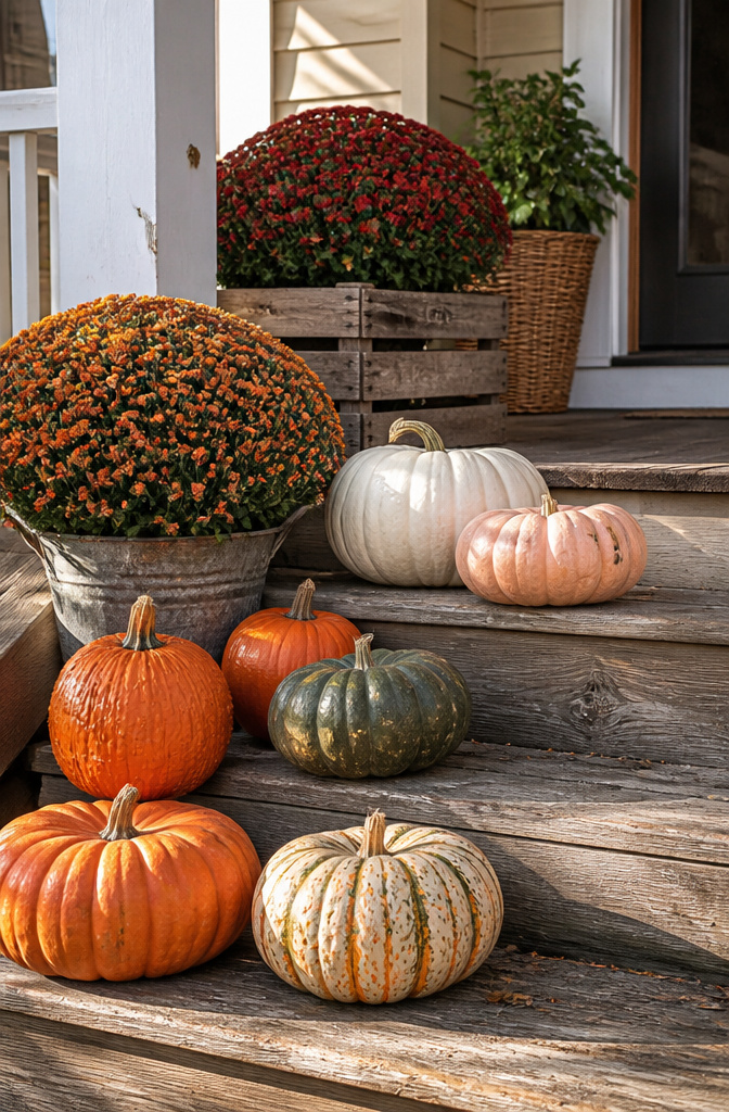 Real pumpkins in various colors and potted mums on wooden steps.