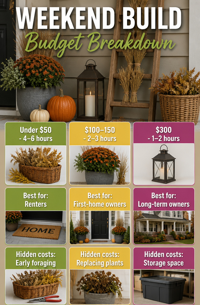 A breakdown of budget costs for creating a fall porch display.