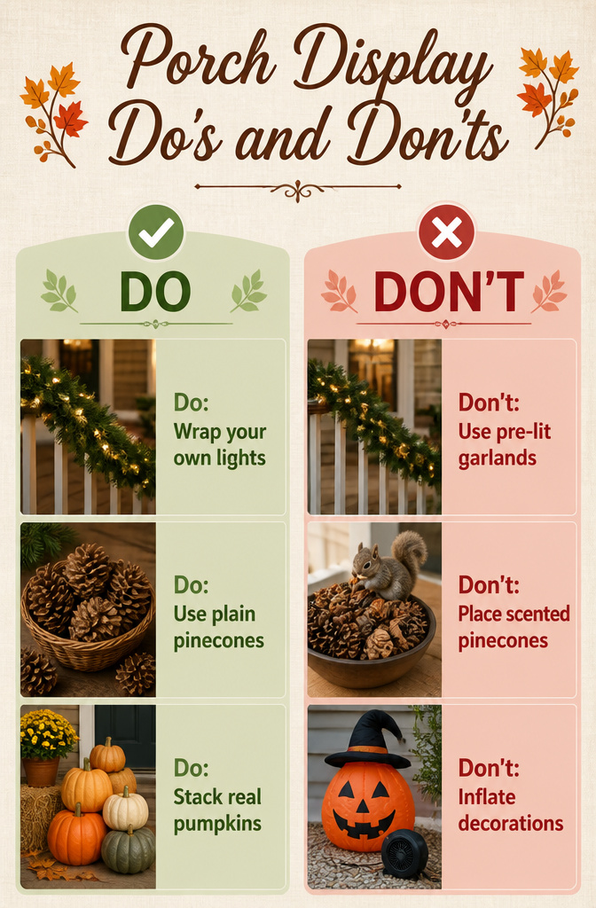List of porch display do's and don'ts for fall decorations.